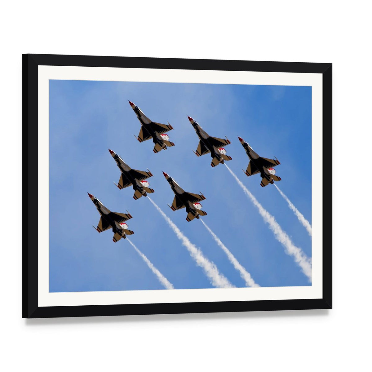 Six Fighter Jets with Smoke Trails Canvas Wall Art, framed print with white mat and black frame, angled product view