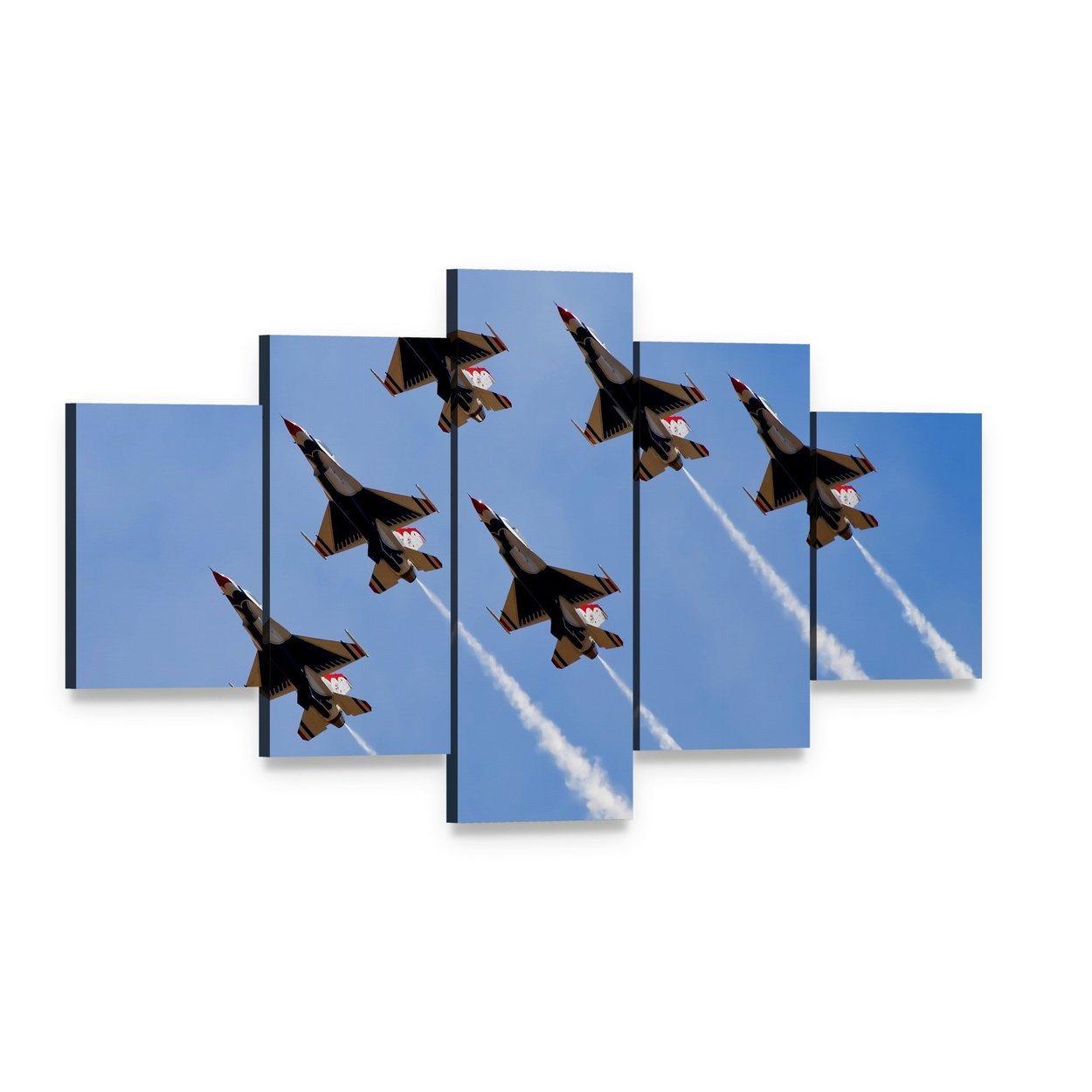 Six Fighter Jets with Smoke Trails Canvas Wall Art, 5 panel 5 Star layout gallery wrapped canvas set, angled product view