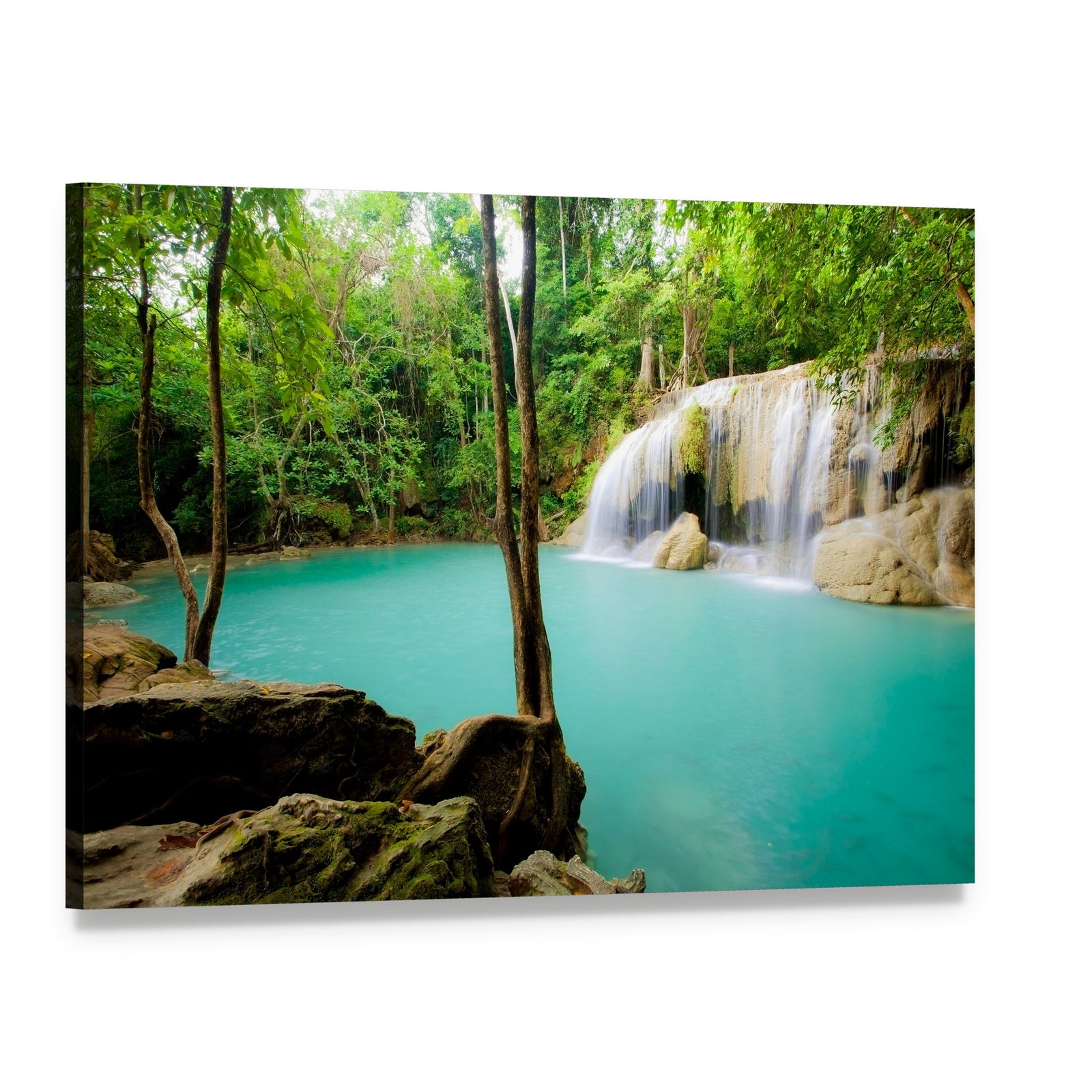 Serene Waterfall in Lush Forest Canvas Wall Art, single panel gallery wrapped canvas, angled product view