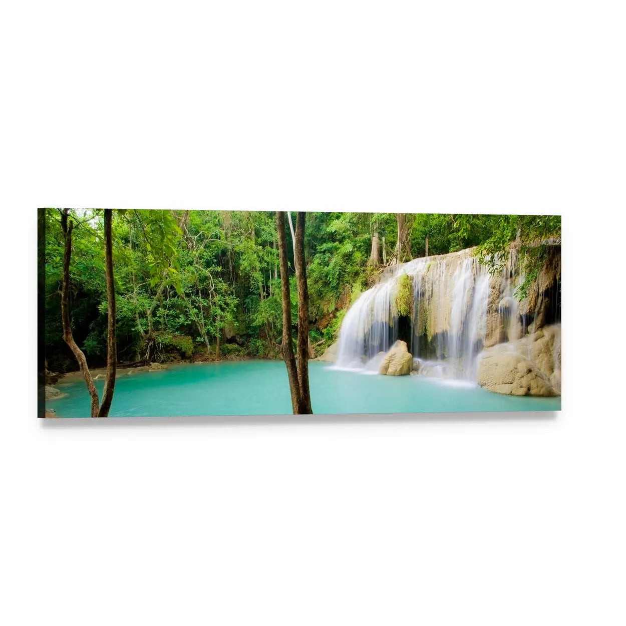 Lush Forest Waterfall with Turquoise Pool Panoramic Canvas Wall Art, single panel gallery wrapped canvas, angled product view