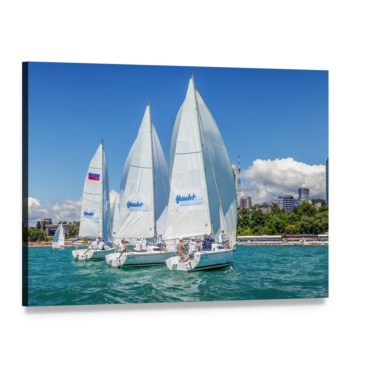 Three Sailboats in a Regatta Canvas Wall Art, single panel gallery wrapped canvas, angled product view