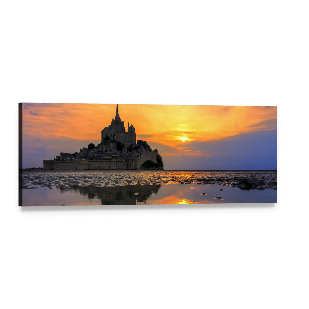 Mont Saint-michel Sunset Reflection Panoramic Canvas Wall Art, single panel gallery wrapped canvas, angled product view
