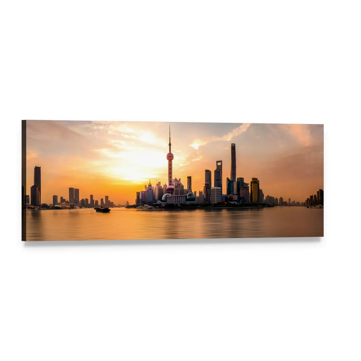 Shanghai Skyline at Sunset Panoramic Canvas Wall Art, single panel gallery wrapped canvas, angled product view