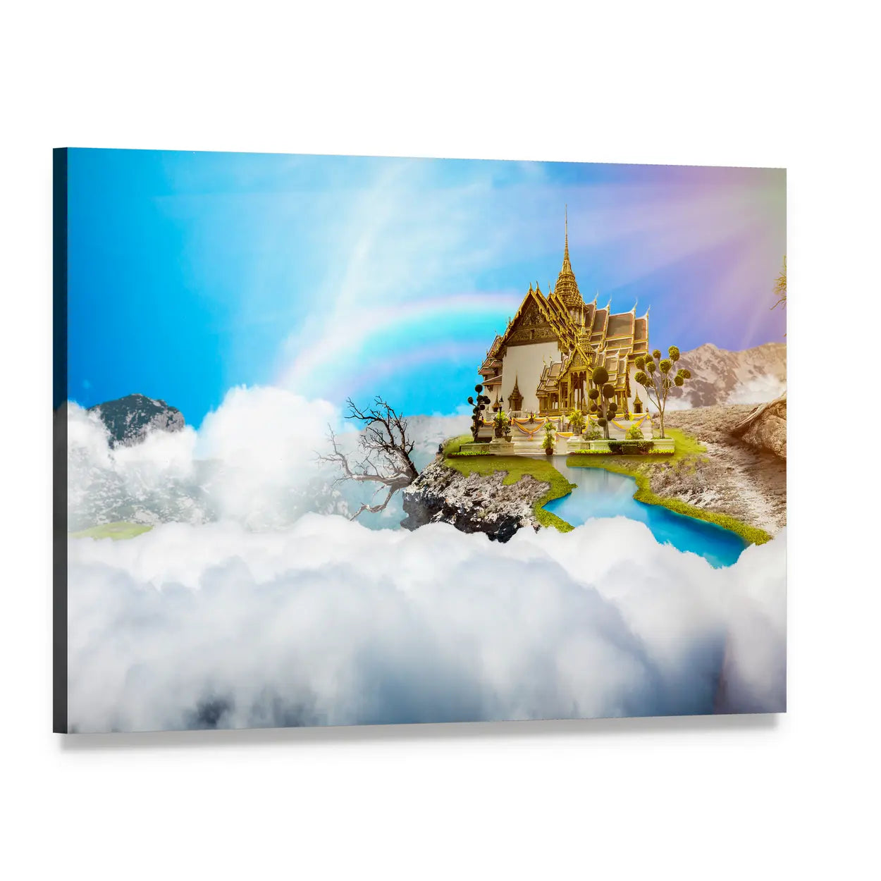 Floating Thai Temple Above Clouds Canvas Wall Art, single panel gallery wrapped canvas, angled product view