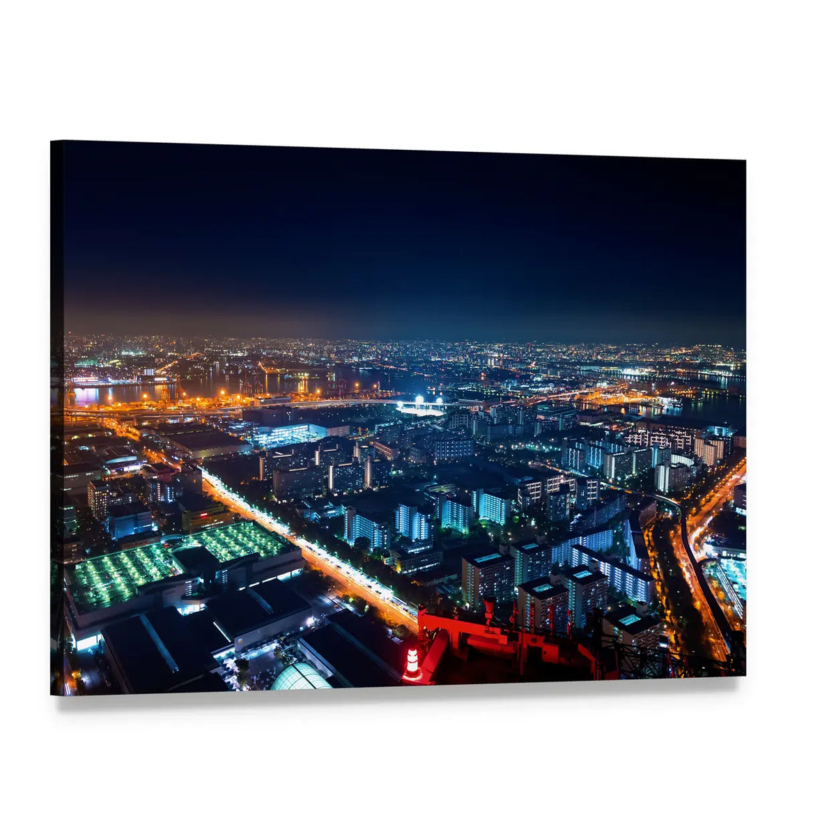 Night Harbor Skyline with Light Trails Canvas Wall Art, single panel gallery wrapped canvas, angled product view
