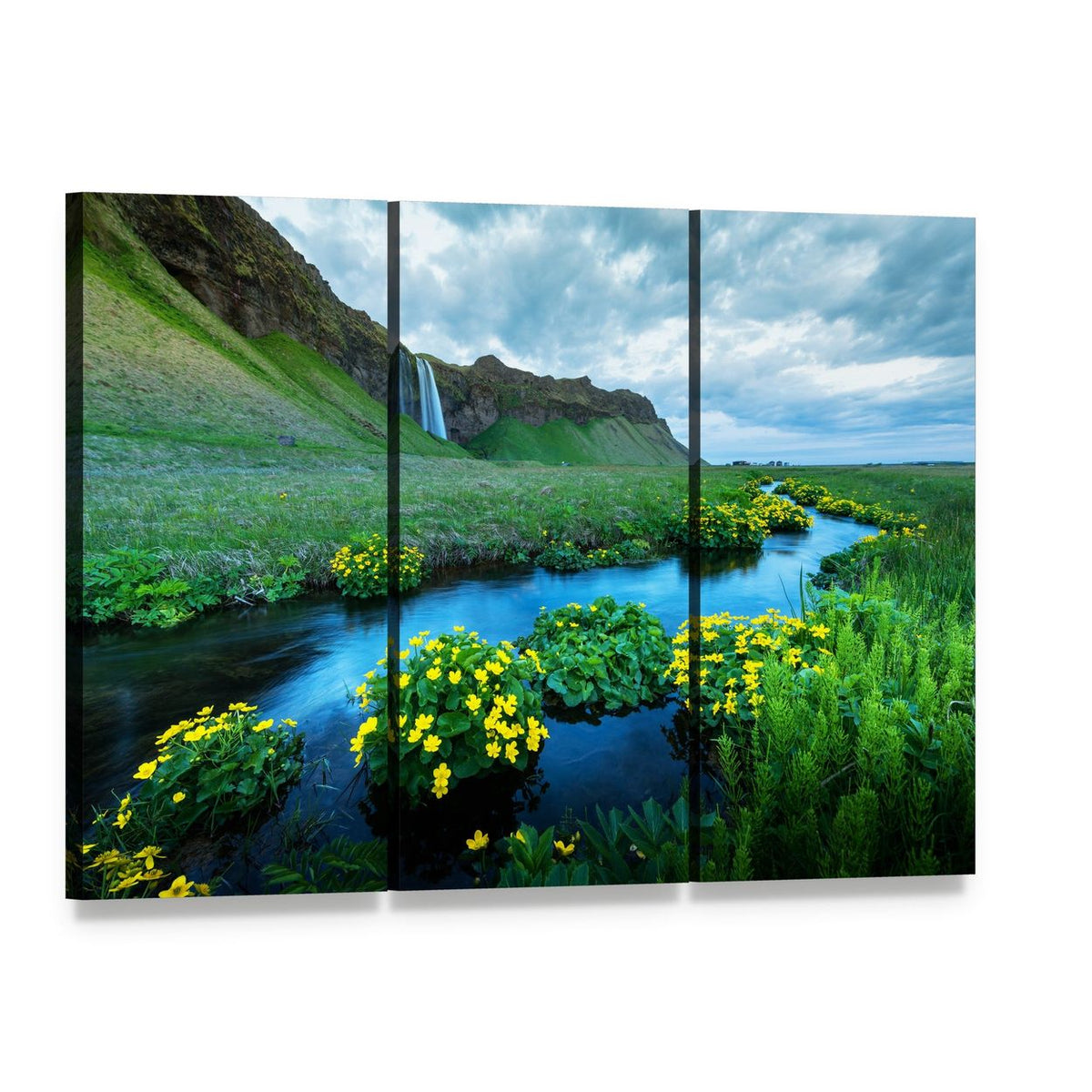 Seljalandsa River View Canvas Wall Art, 3 panel 3 Horizontal layout gallery wrapped canvas set, angled product view