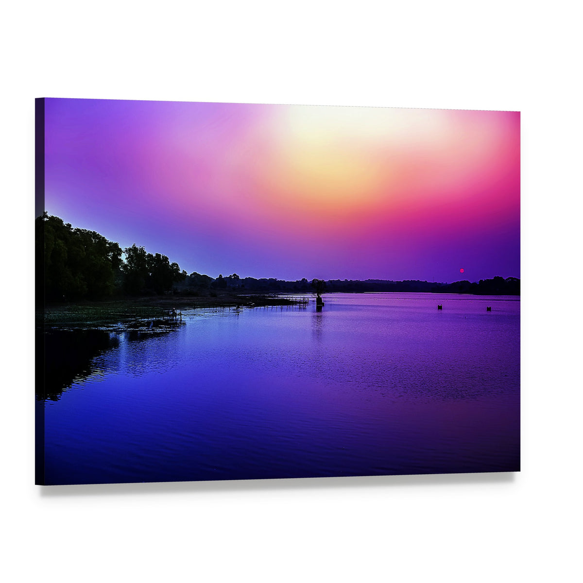 Sunset Sky Over Riverbank Canvas Wall Art, single panel gallery wrapped canvas, angled product view