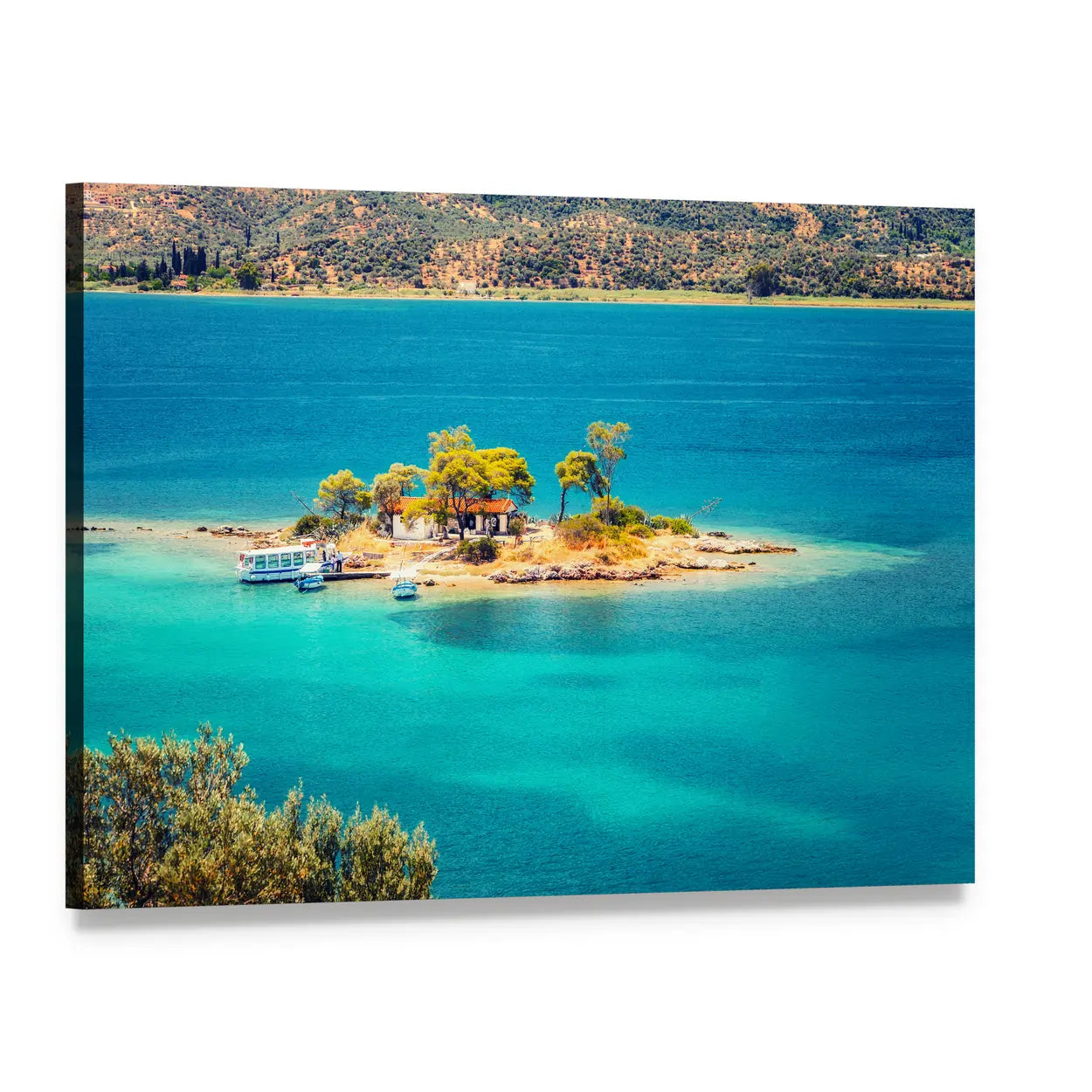 Small Island with White House and Red Roof Canvas Wall Art, single panel gallery wrapped canvas, angled product view