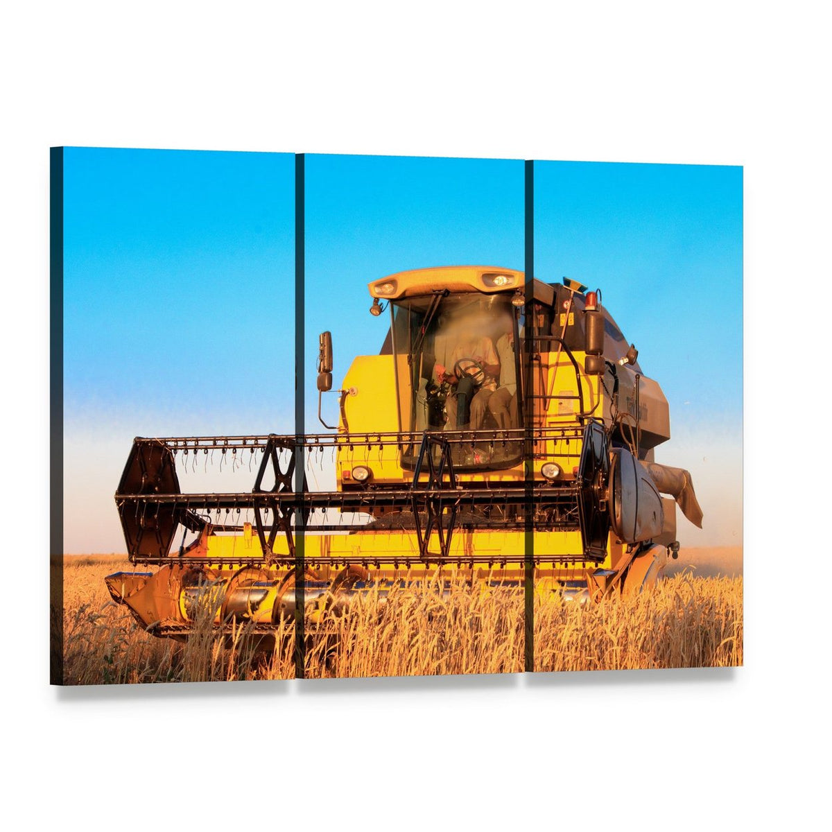 Combine Harvester in Wheat Field Canvas Wall Art, 3 panel 3 Horizontal layout gallery wrapped canvas set, angled product view