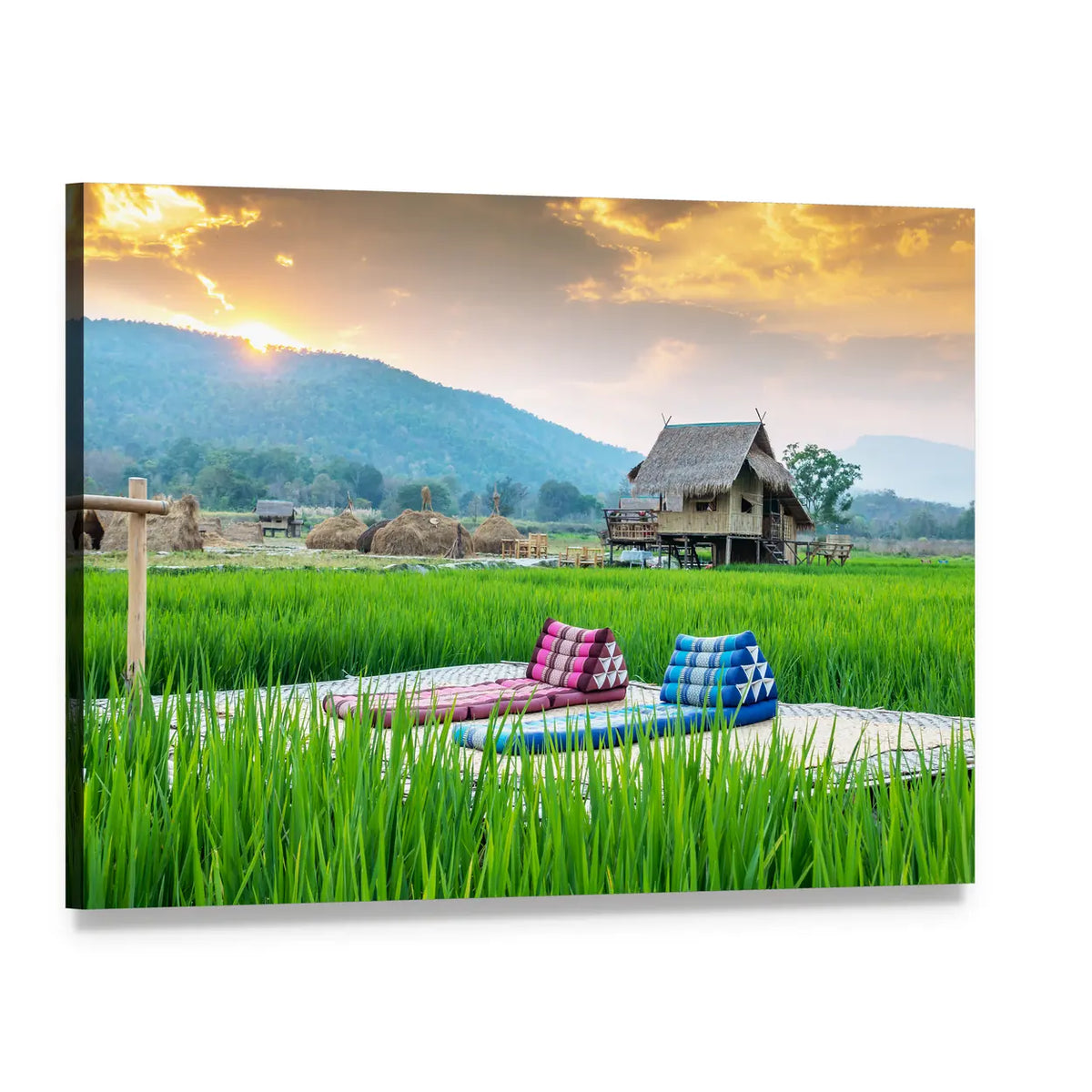 Couch in Rice Field at Sunrise Canvas Wall Art, single panel gallery wrapped canvas, angled product view