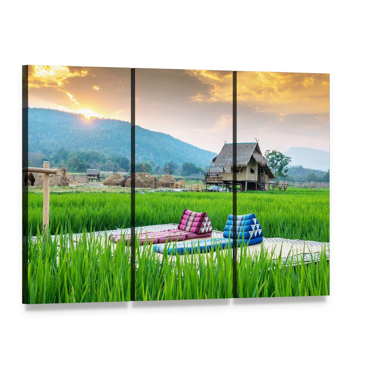 Couch in Rice Field at Sunset Canvas Wall Art, 3 panel 3 Horizontal layout gallery wrapped canvas set, angled product view