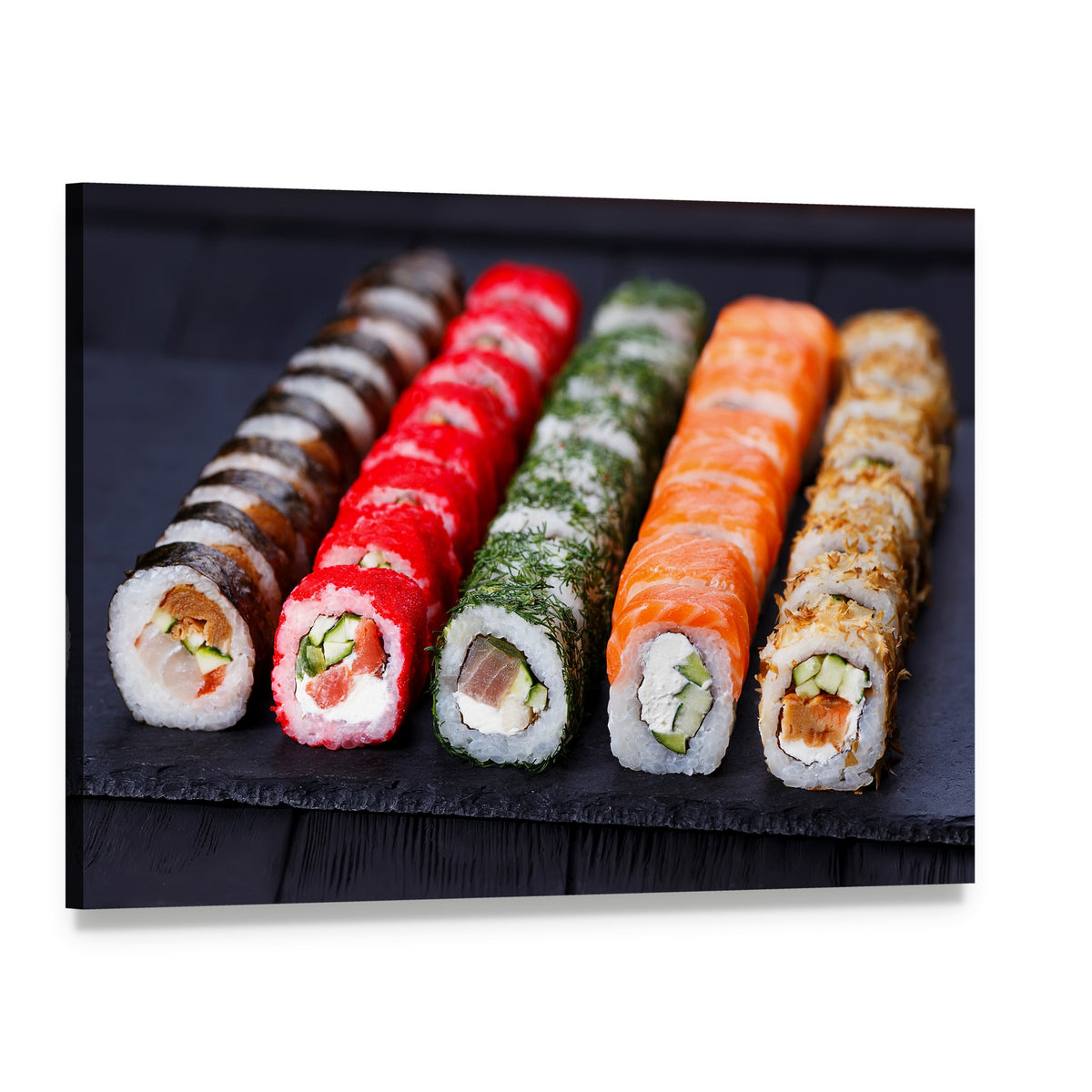Sushi Rolls on Black Slate Canvas Wall Art, single panel gallery wrapped canvas, angled product view