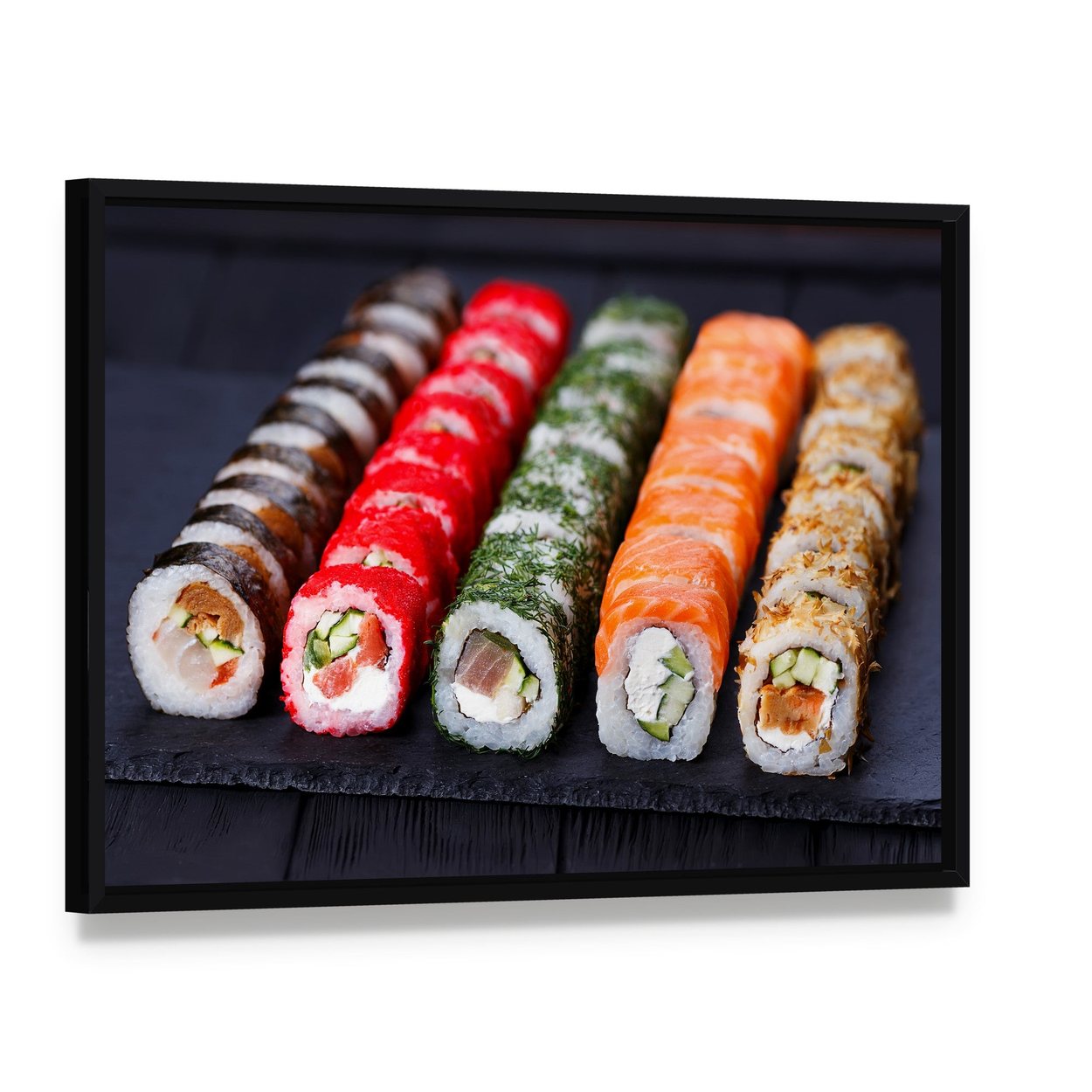 Sushi Rolls on Black Slate Canvas Wall Art, framed canvas in a black floater frame, angled product view