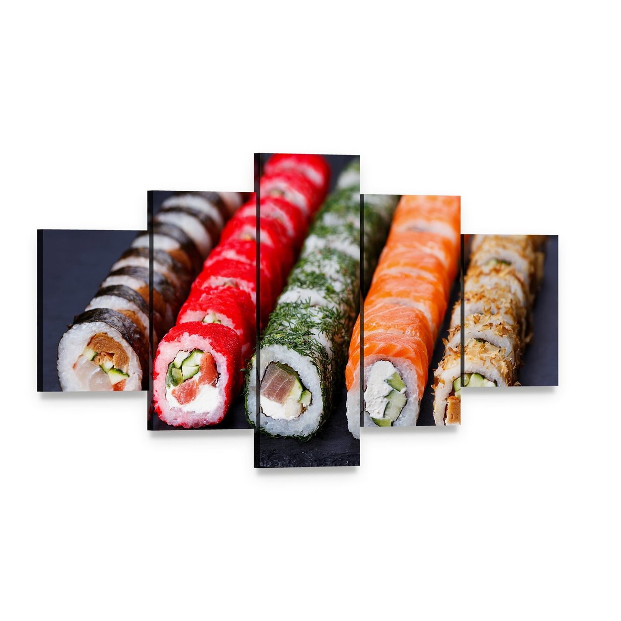 Sushi Rolls on Black Slate Canvas Wall Art, 5 panel 5 Star layout gallery wrapped canvas set, angled product view