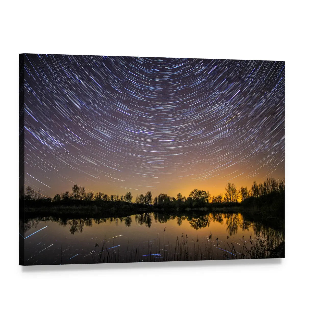 Star Trails Over Reflective Lake Canvas Wall Art, single panel gallery wrapped canvas, angled product view