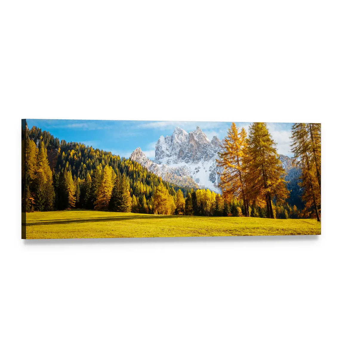 Alpine Peaks of Durrenstein Panoramic Canvas Wall Art, single panel gallery wrapped canvas, angled product view