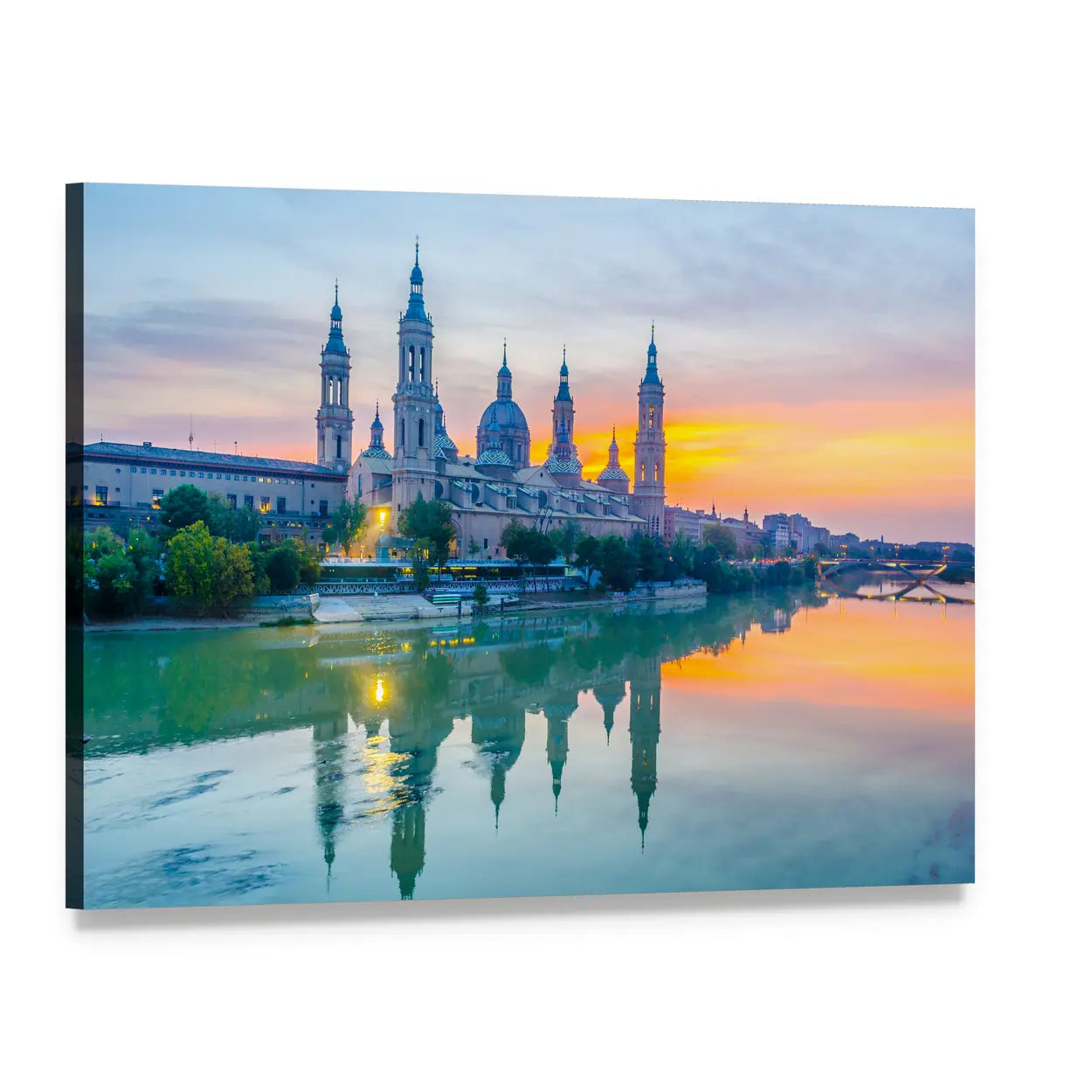 Basilica of Our Lady of the Pillar at Sunset Canvas Wall Art, single panel gallery wrapped canvas, angled product view