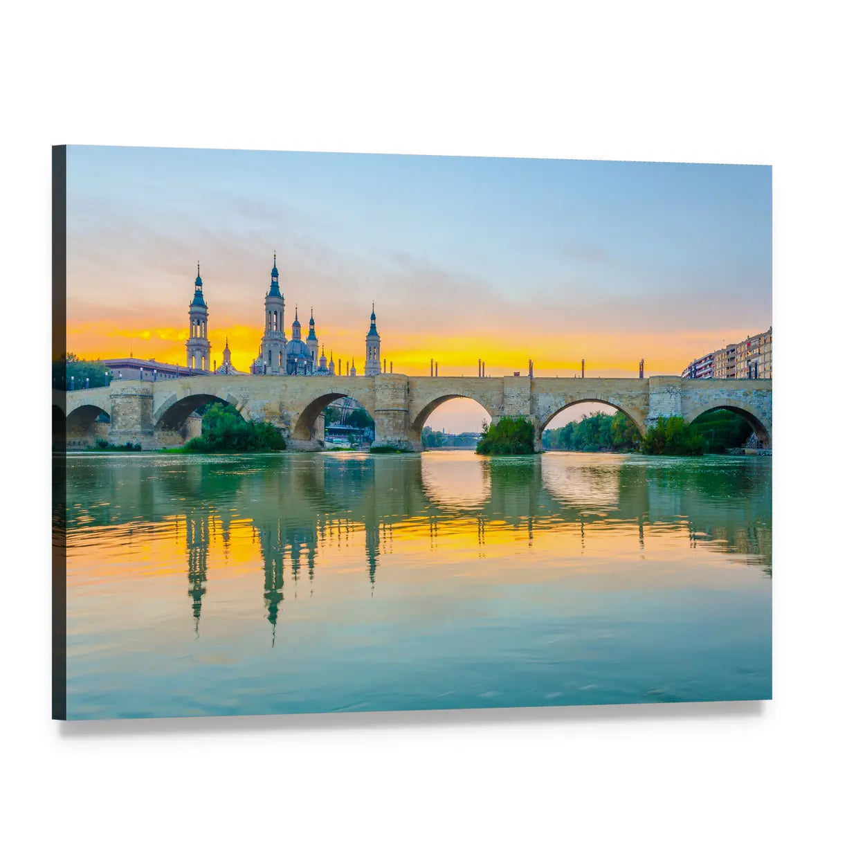 Sunset Basilica Over River and Stone Arch Bridge Canvas Wall Art, single panel gallery wrapped canvas, angled product view
