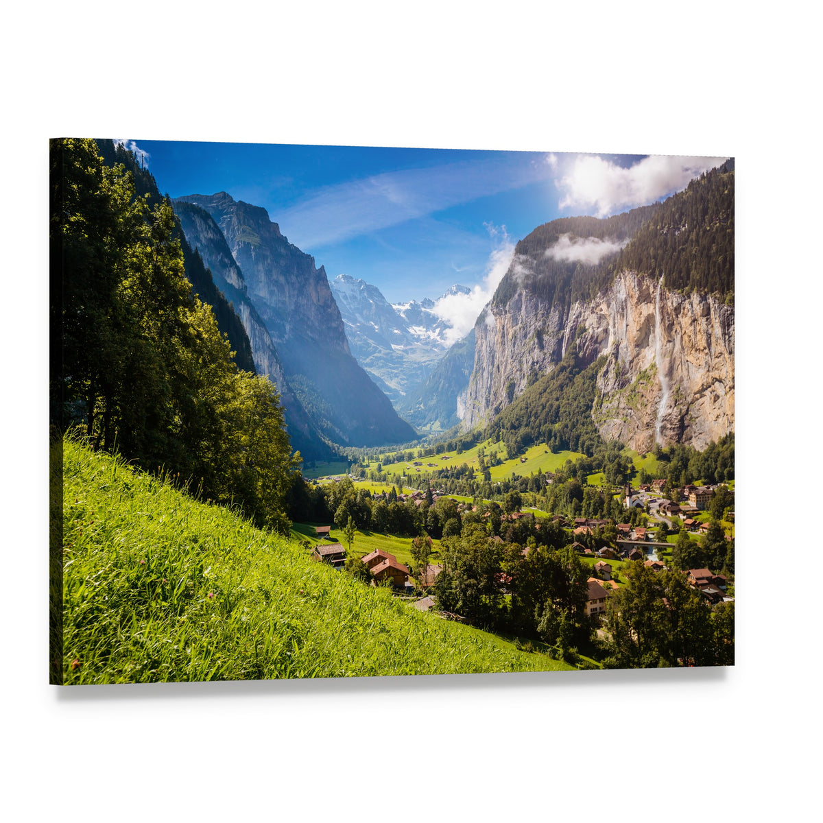 Vivid Alpine Village View Canvas Wall Art, single panel gallery wrapped canvas, angled product view