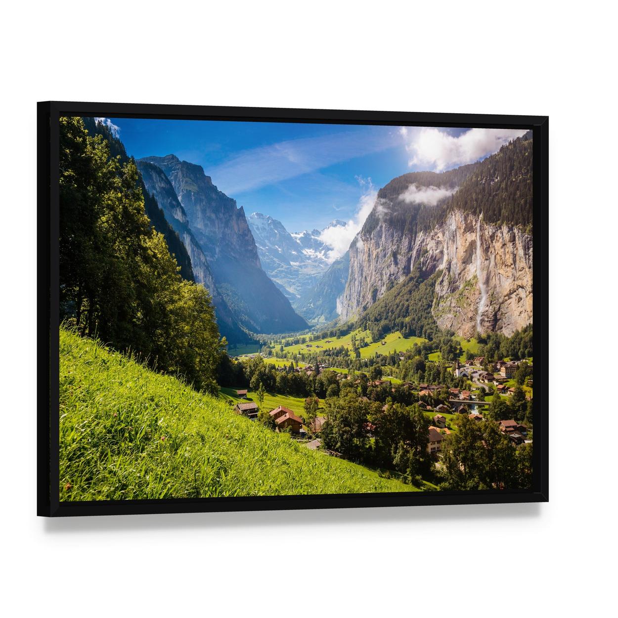 Vivid Alpine Village View Canvas Wall Art, framed canvas in a black floater frame, angled product view