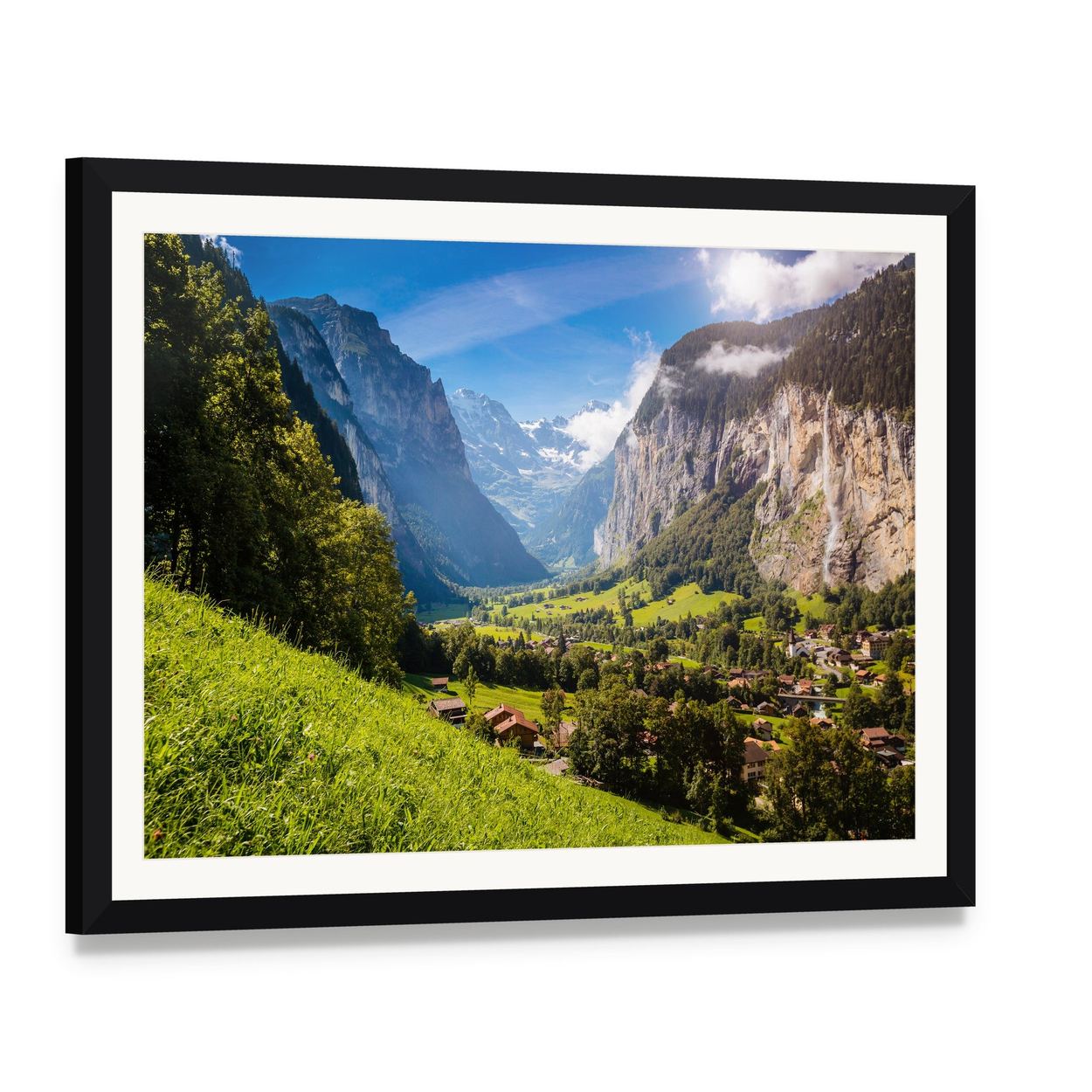 Vivid Alpine Village View Canvas Wall Art, framed print with white mat and black frame, angled product view