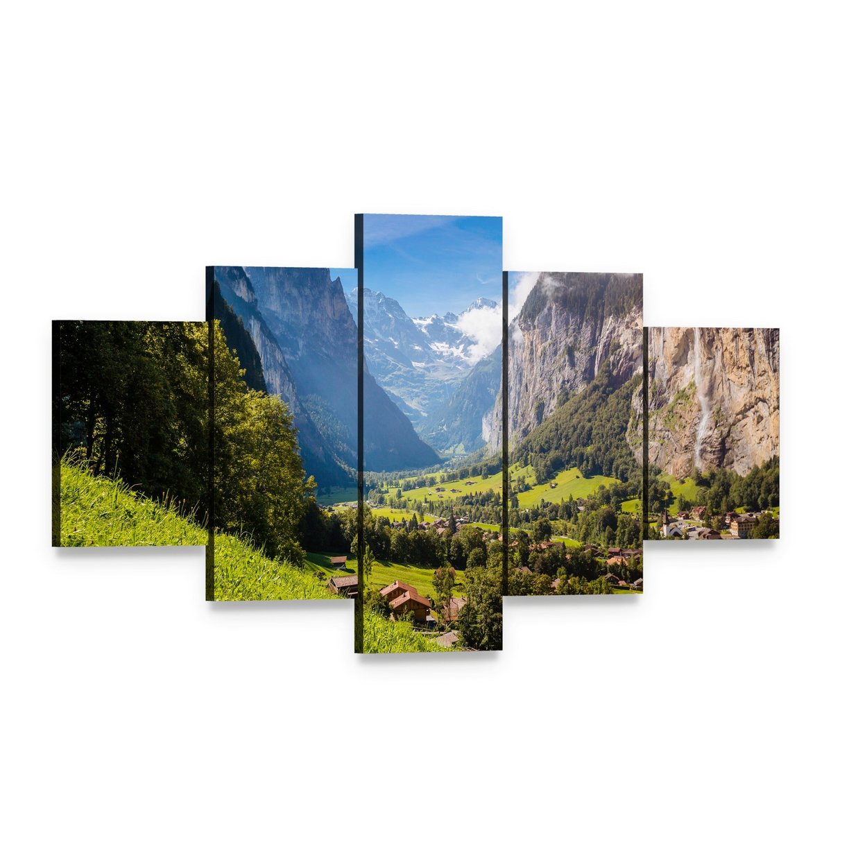 Vivid Alpine Village View Canvas Wall Art, 5 panel 5 Star layout gallery wrapped canvas set, angled product view