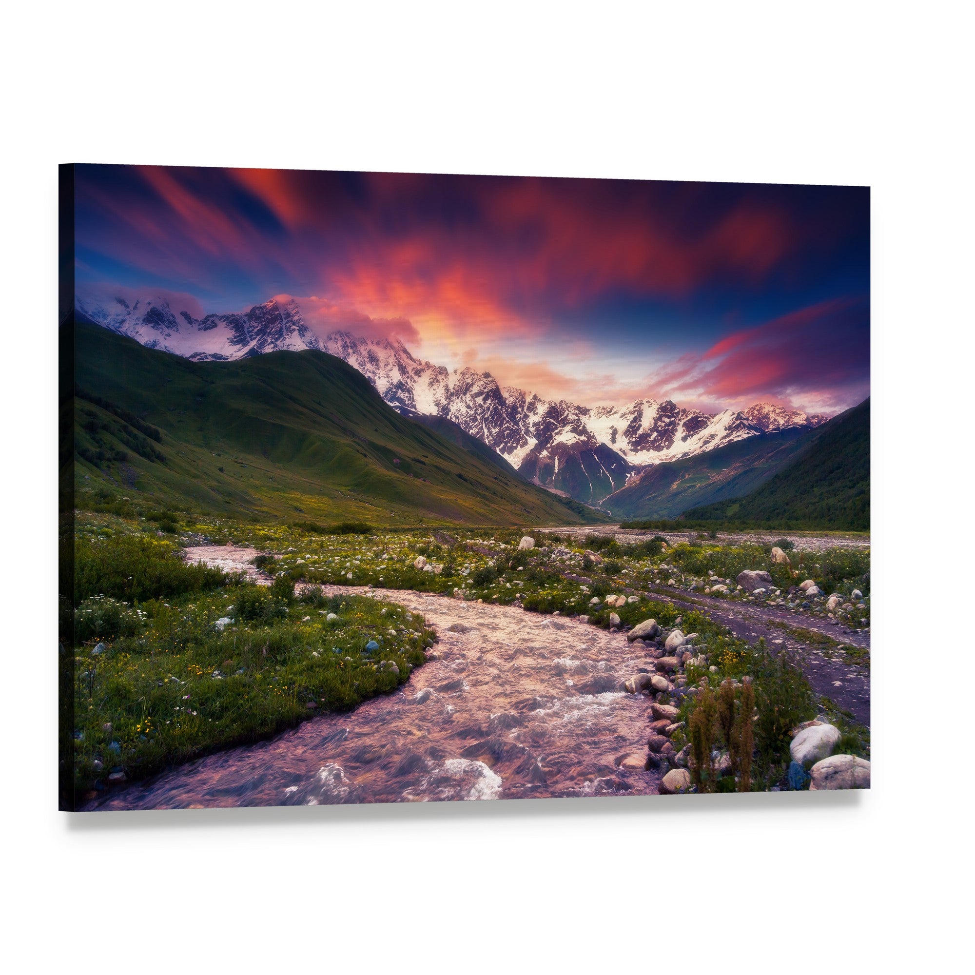 Mt Shkhara Sunset Over River Valley Canvas Wall Art, single panel gallery wrapped canvas, angled product view