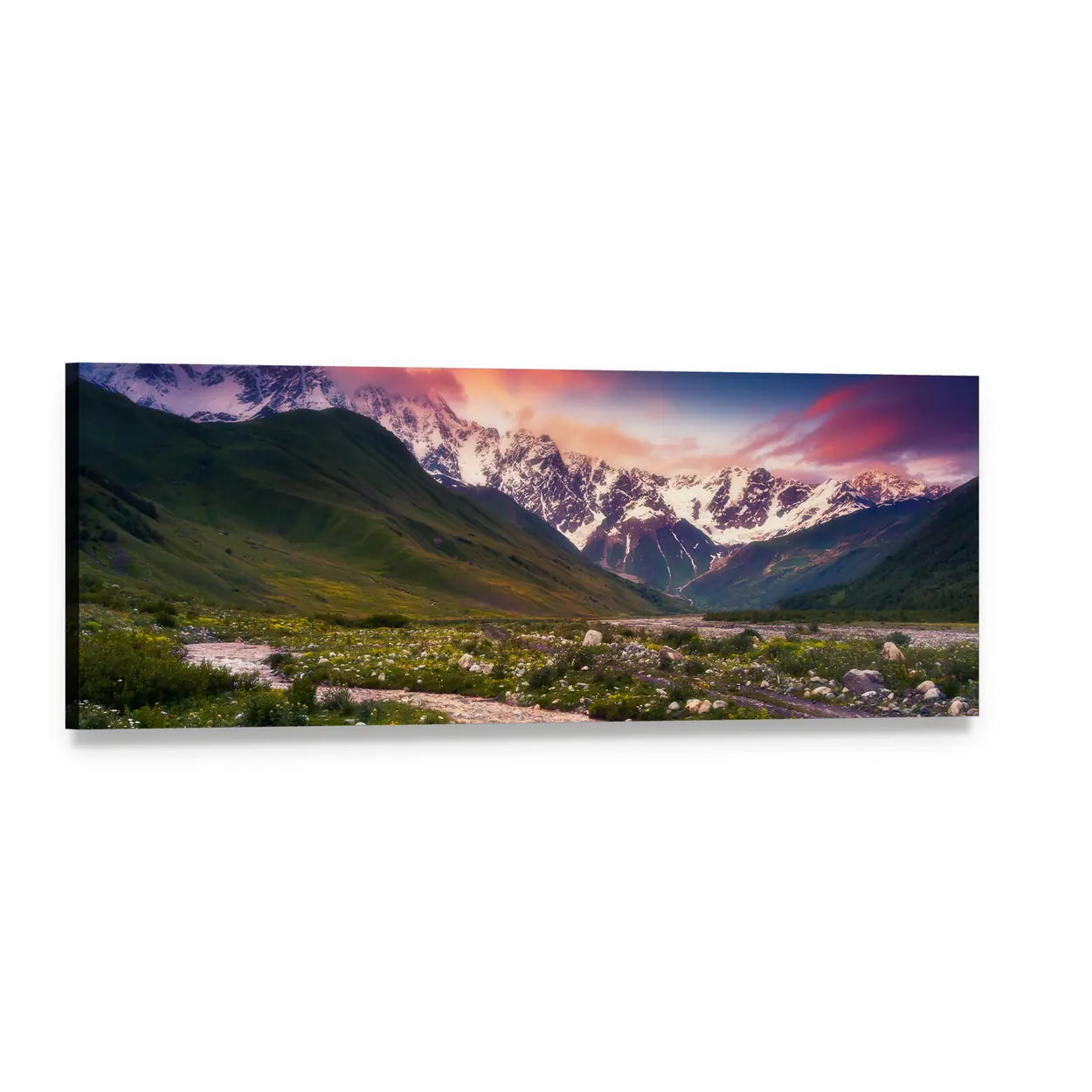 Mt Shkhara at Sunset Panoramic Canvas Wall Art, single panel gallery wrapped canvas, angled product view