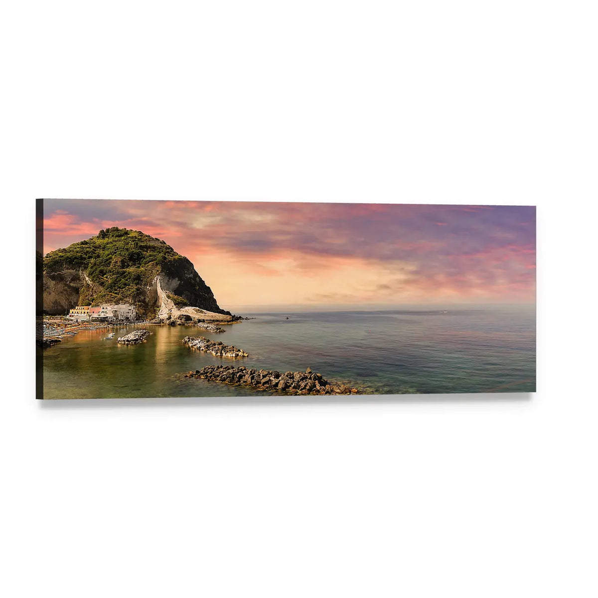 Ischia Island Sunset Over Coastal Cliffs Panoramic Canvas Wall Art, single panel gallery wrapped canvas, angled product view
