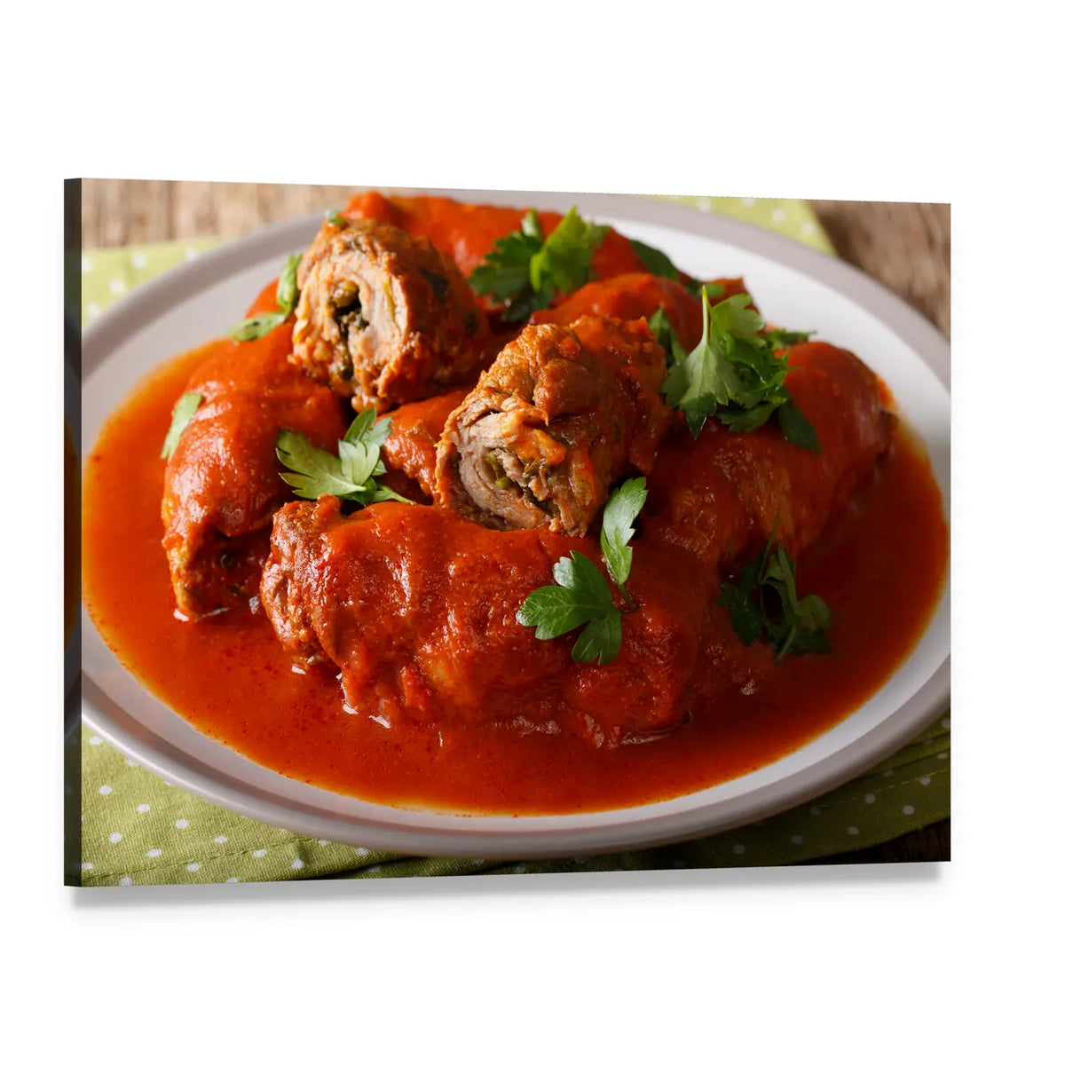 Sliced Beef Rolls with Tomato Sauce Canvas Wall Art, single panel gallery wrapped canvas, angled product view