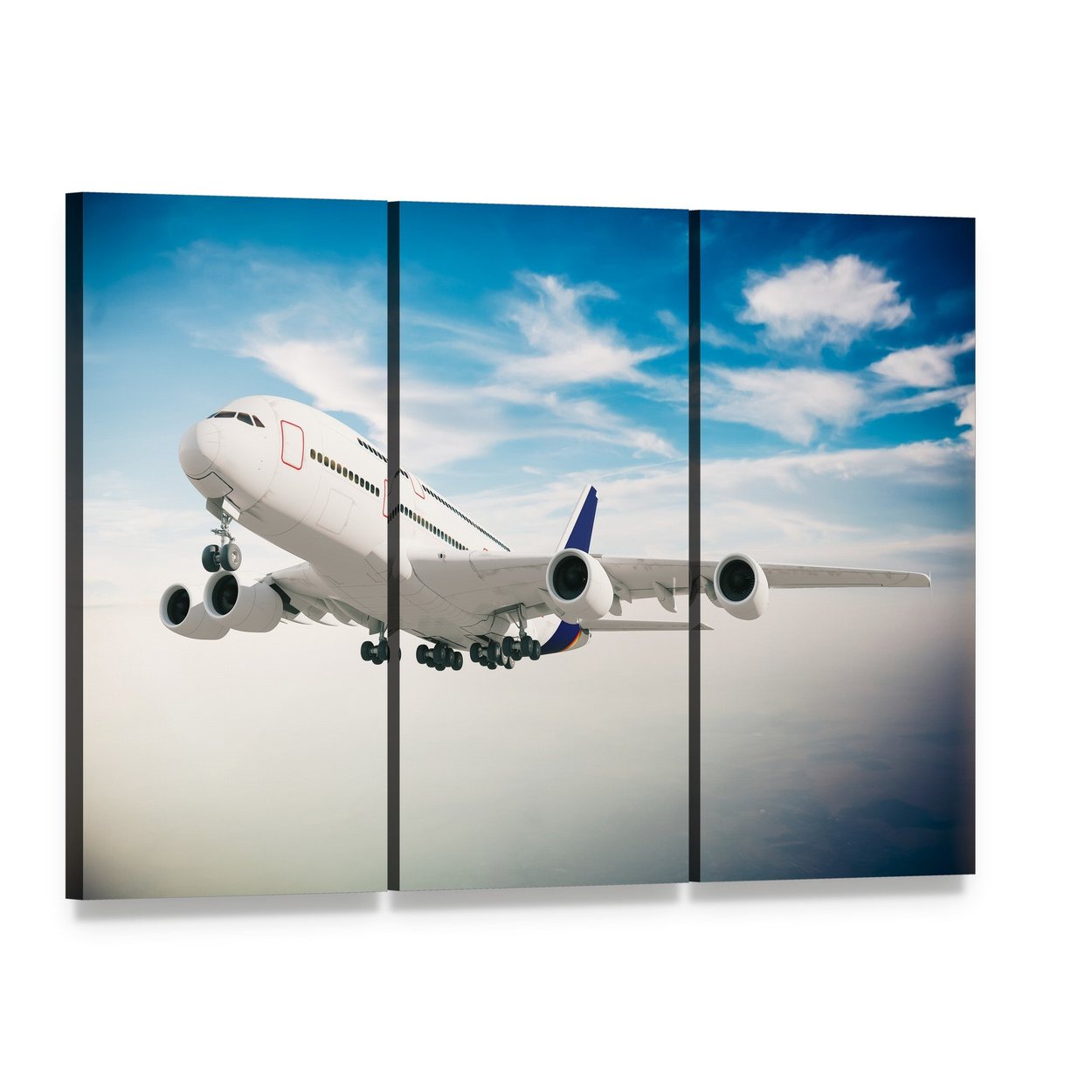 Airplane Against Blue Sky Canvas Wall Art, 3 panel 3 Horizontal layout gallery wrapped canvas set, angled product view