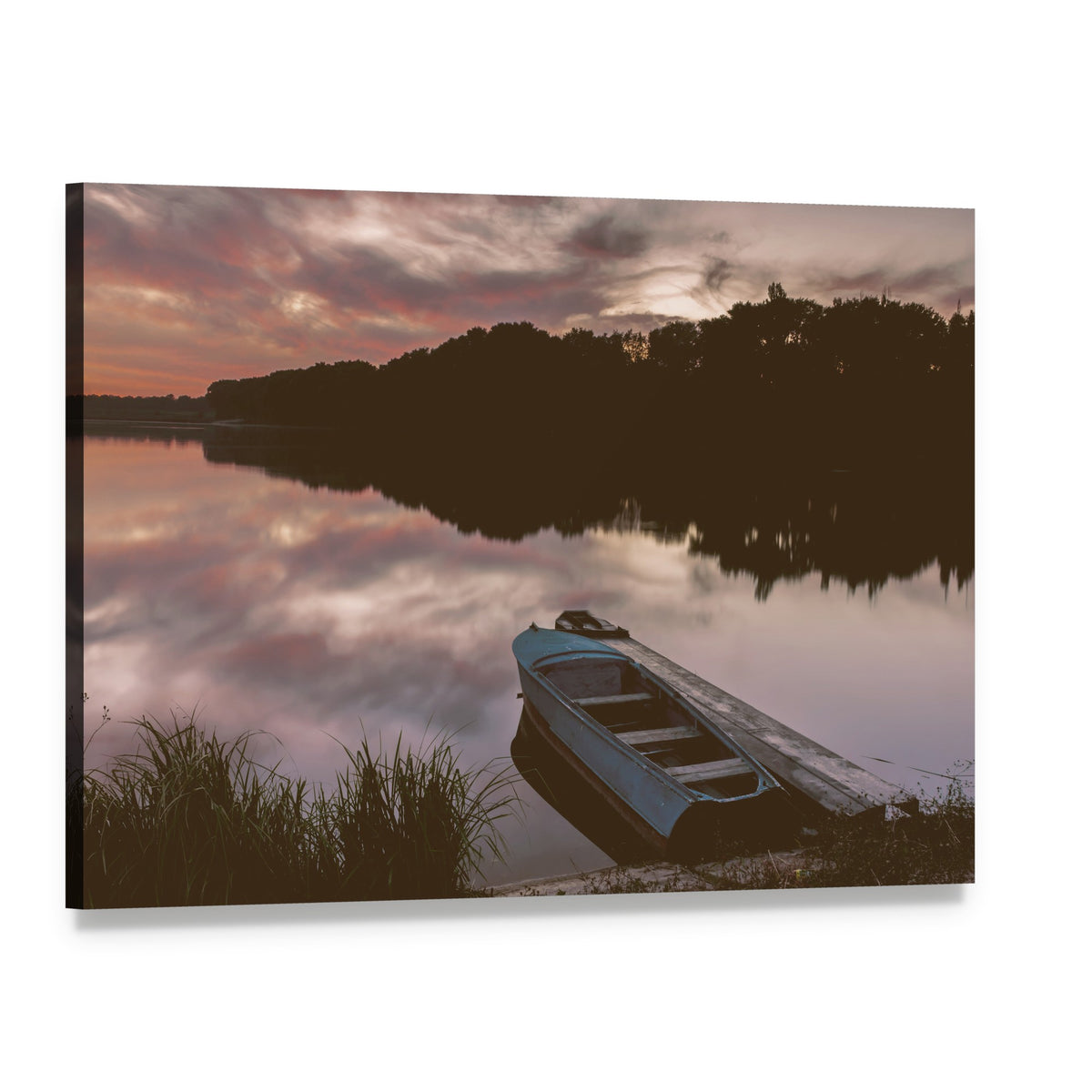 Blue Boat at Sunset on Lake Canvas Wall Art, single panel gallery wrapped canvas, angled product view