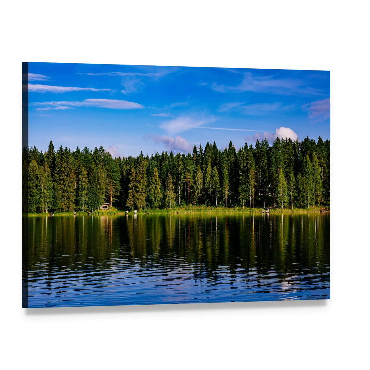 Blue Lake and Cabin Reflection Canvas Wall Art, single panel gallery wrapped canvas, angled product view