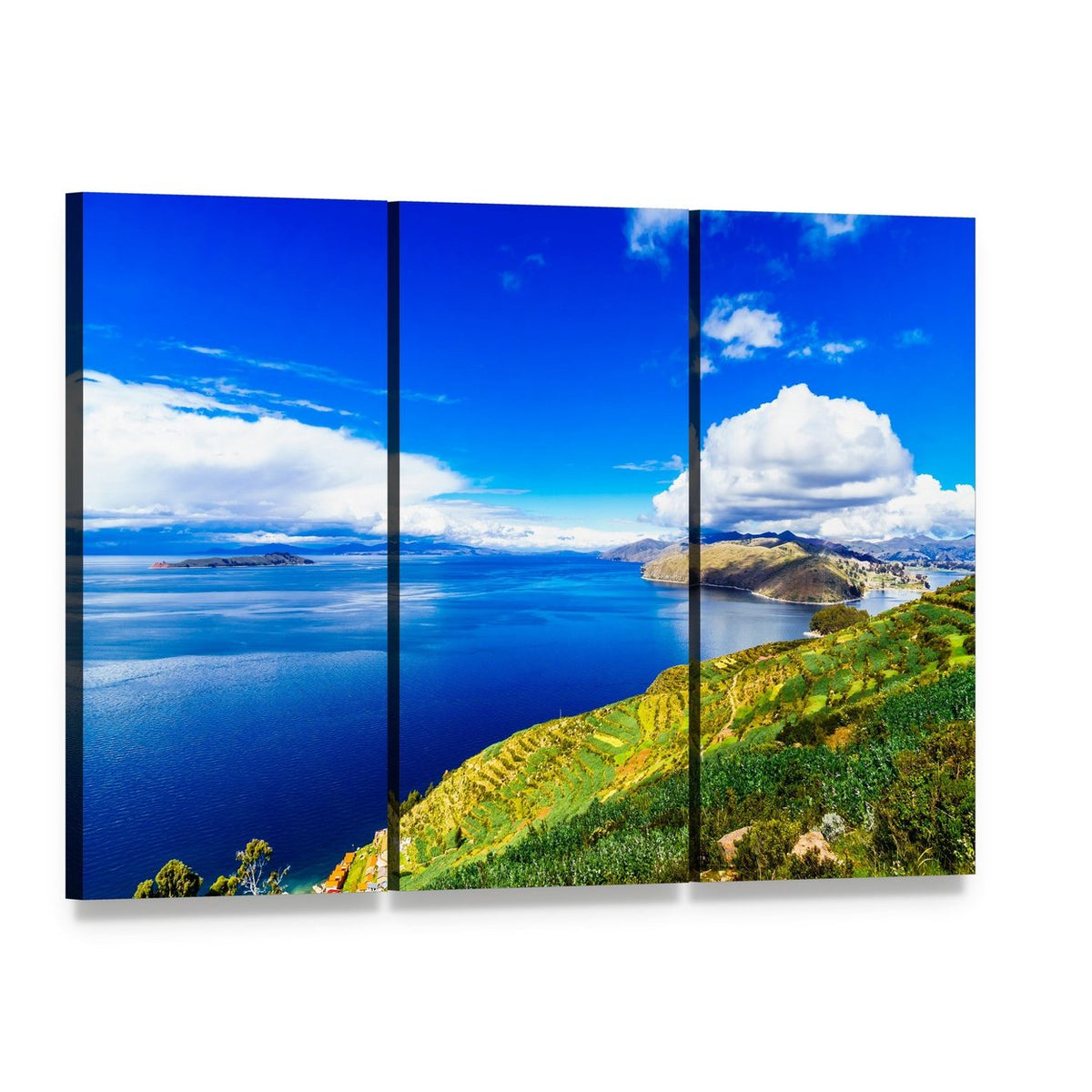 Lake Titicaca Landscape with Terraced Hillsides Canvas Wall Art, 3 panel 3 Horizontal layout gallery wrapped canvas set, angled product view
