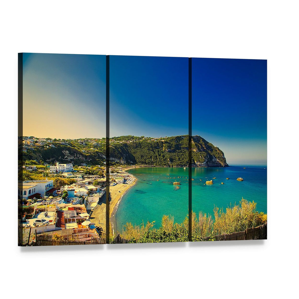 Ischia Island Bay View Canvas Wall Art, 3 panel 3 Horizontal layout gallery wrapped canvas set, angled product view