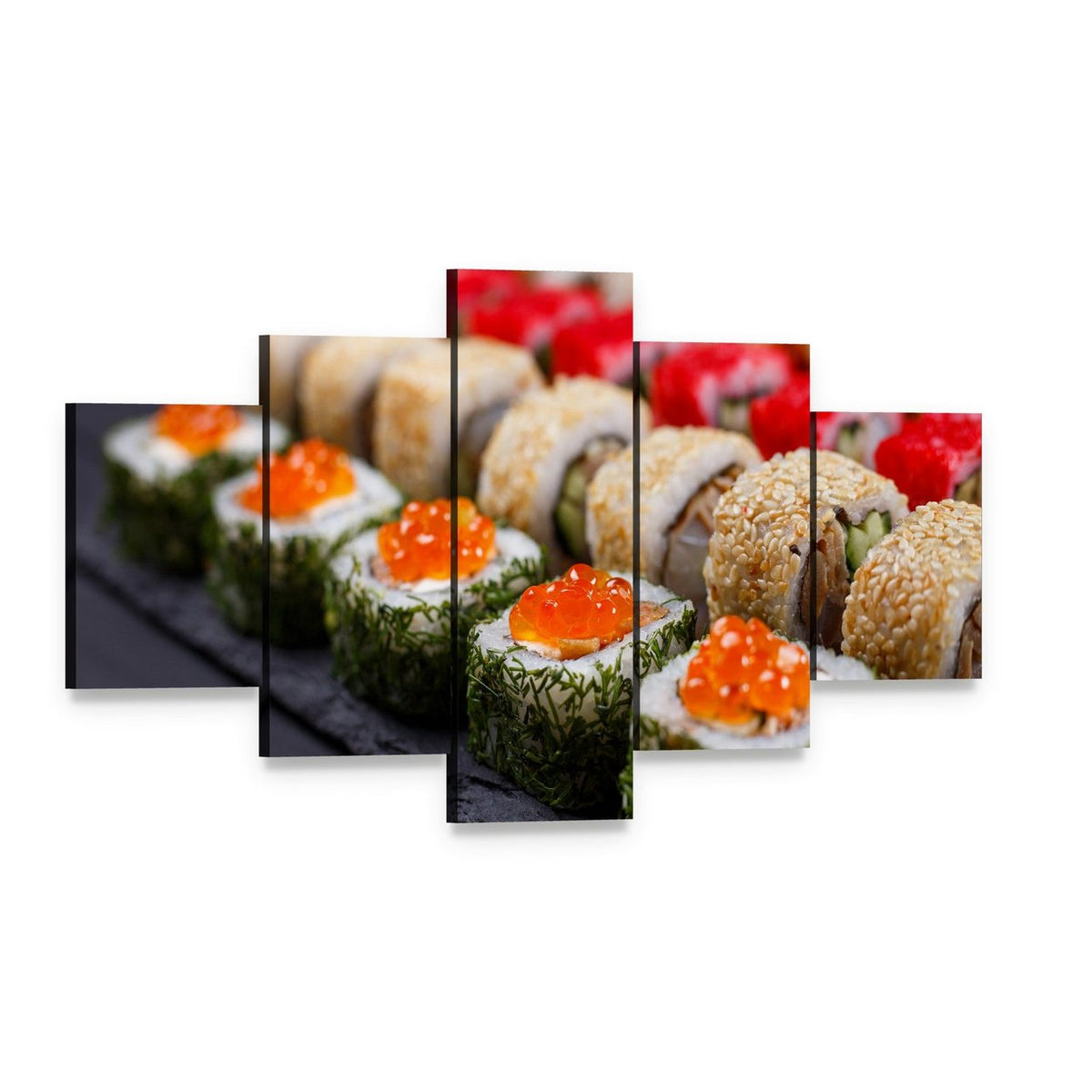 Sushi Rolls in Japanese Restaurant Canvas Wall Art, 5 panel 5 Star layout gallery wrapped canvas set, angled product view