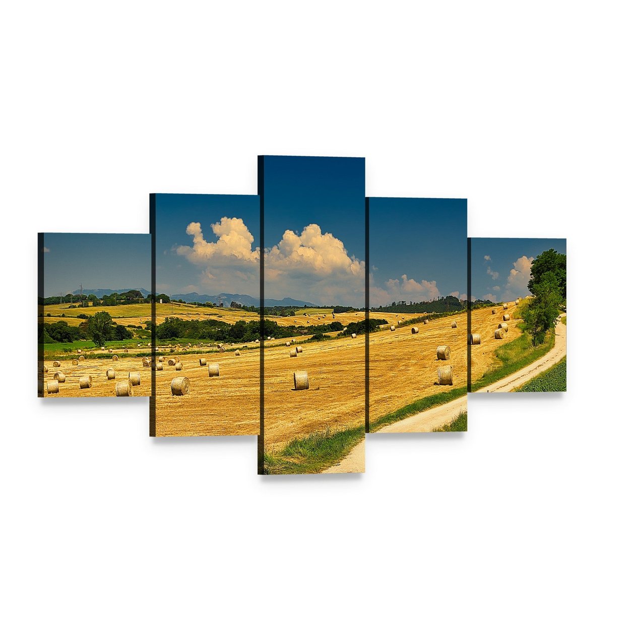 Hay Bales on Harvested Field Canvas Wall Art, 5 panel 5 Star layout gallery wrapped canvas set, angled product view