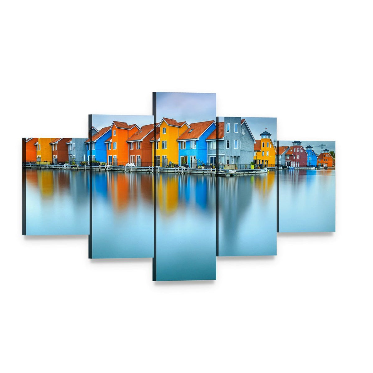 Colorful Dutch Houses with Reflections Canvas Wall Art, 5 panel 5 Star layout gallery wrapped canvas set, angled product view
