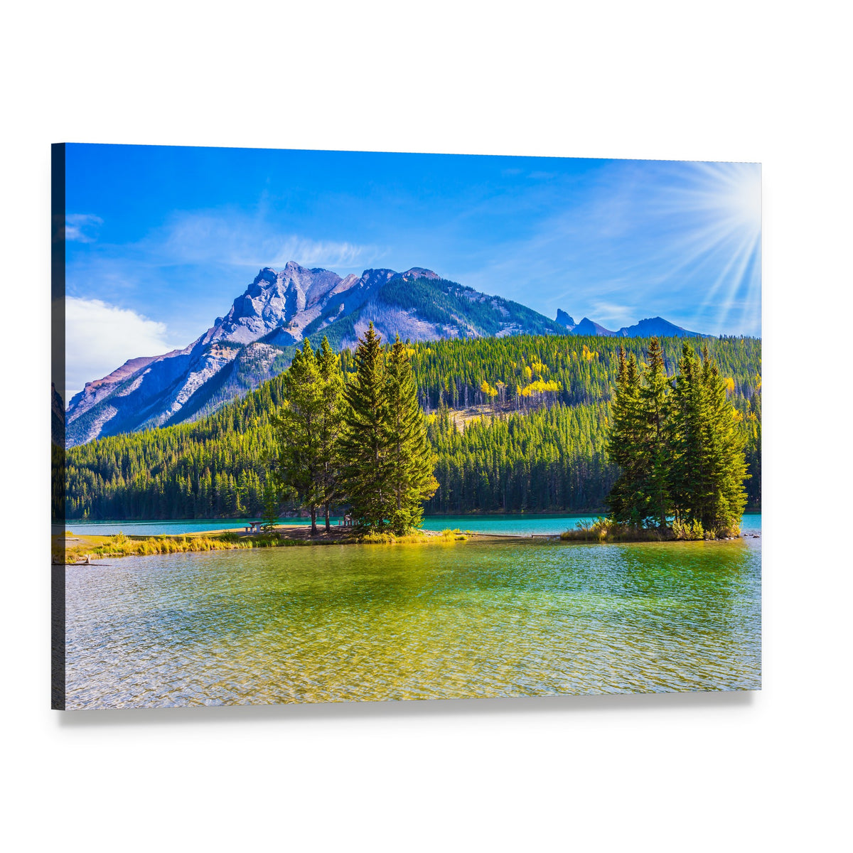 Two Jack Lake, Rocky Mountains Canvas Wall Art, single panel gallery wrapped canvas, angled product view