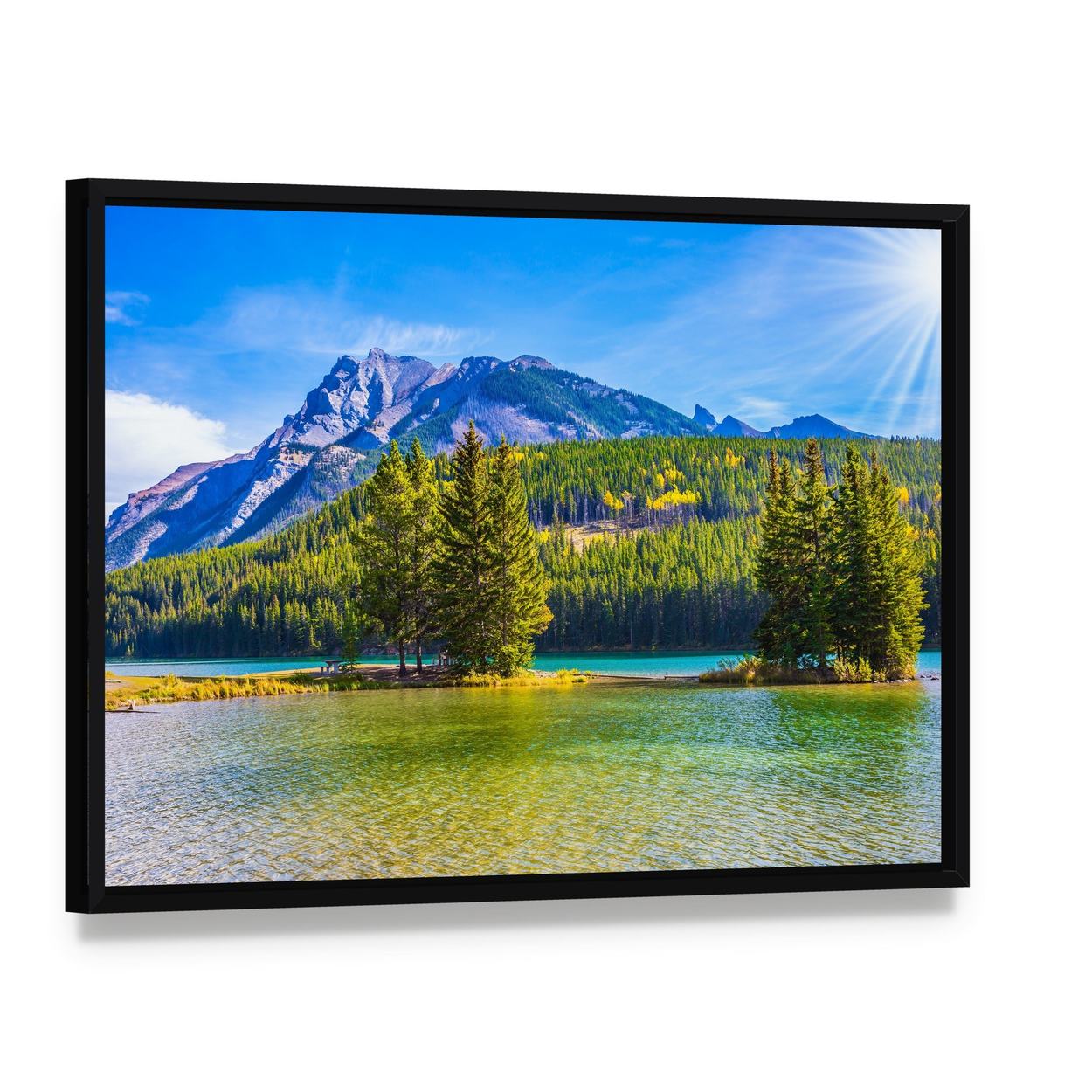 Two Jack Lake, Rocky Mountains Canvas Wall Art, framed canvas in a black floater frame, angled product view
