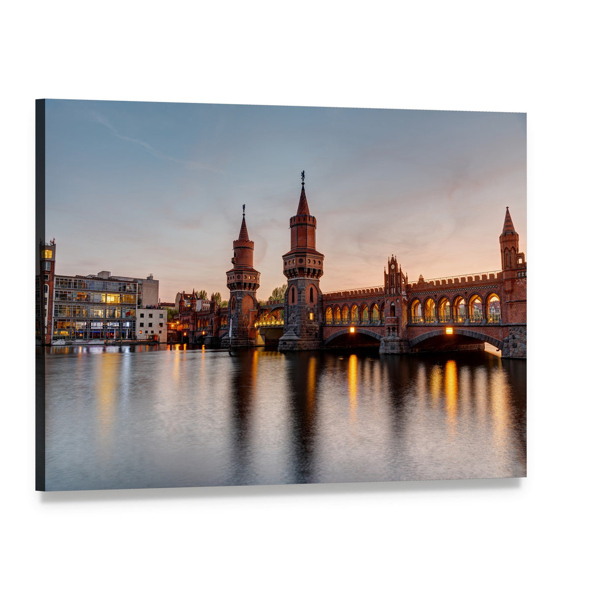 Arched Bridge with Twin Towers at Dusk Canvas Wall Art, single panel gallery wrapped canvas, angled product view