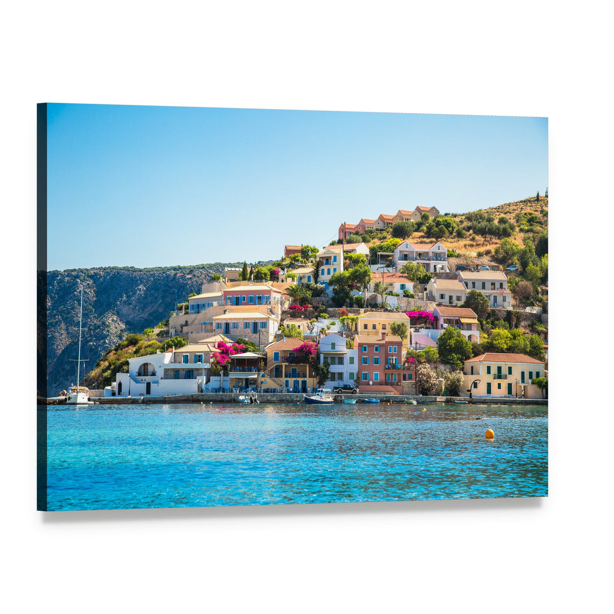 Kefalonia Village by the Sea Canvas Wall Art, single panel gallery wrapped canvas, angled product view