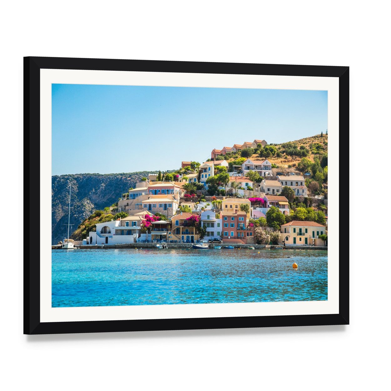 Kefalonia Village by the Sea Canvas Wall Art, framed print with white mat and black frame, angled product view