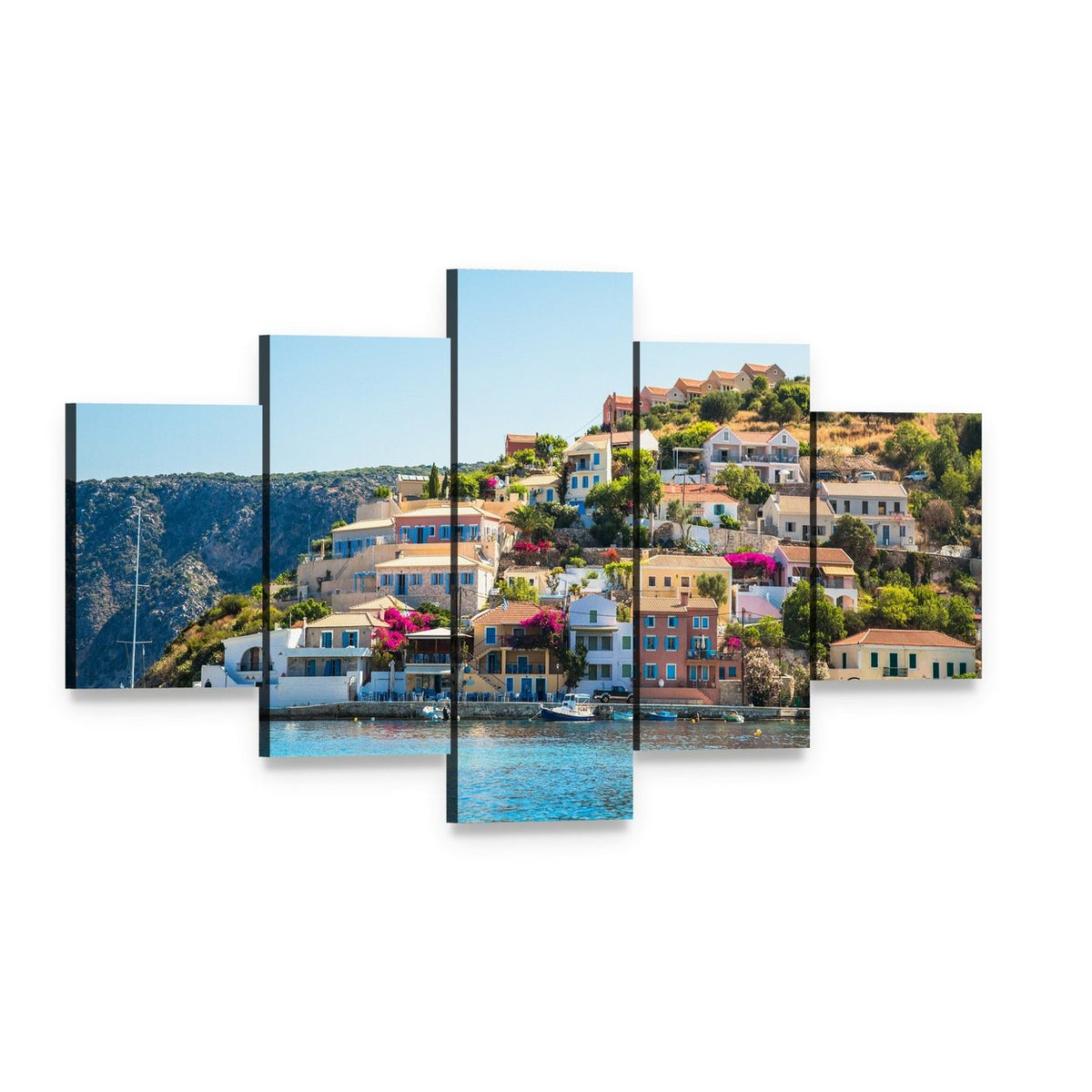 Kefalonia Village by the Sea Canvas Wall Art, 5 panel 5 Star layout gallery wrapped canvas set, angled product view