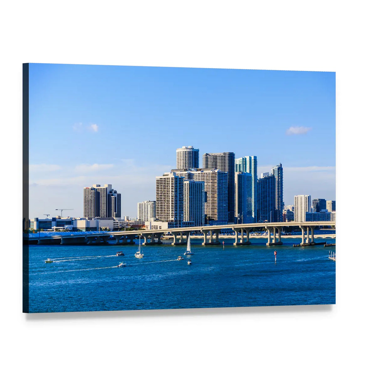 Miami Causeway Skyline Canvas Wall Art, single panel gallery wrapped canvas, angled product view