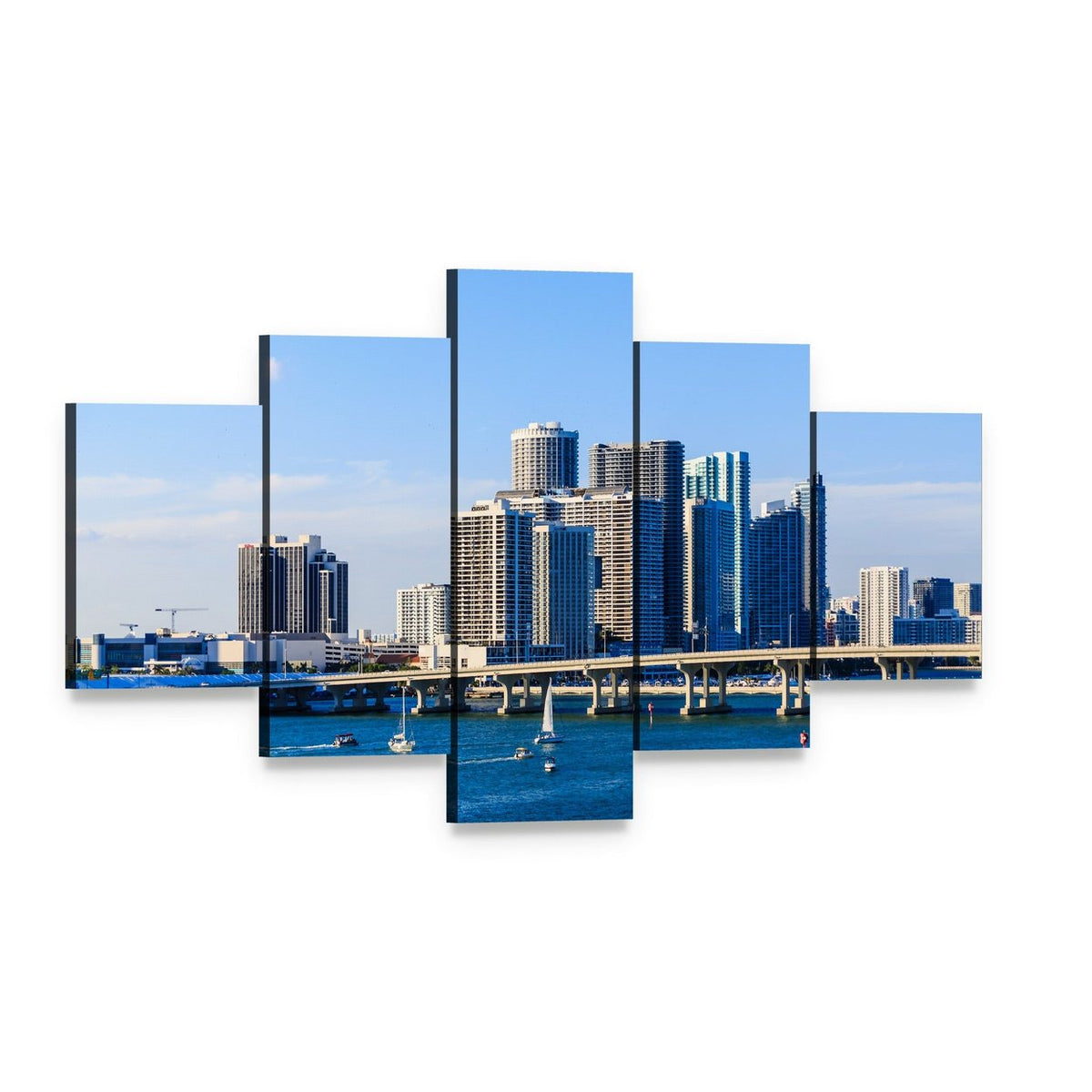 Miami Skyline Causeway View Canvas Wall Art, 5 panel 5 Star layout gallery wrapped canvas set, angled product view