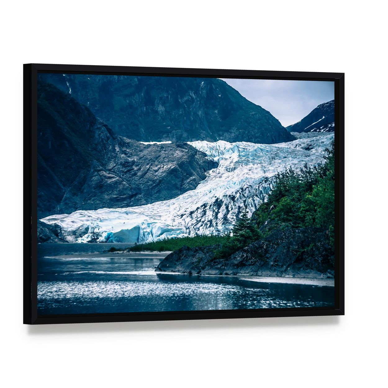Mendenhall Glacier, Alaska Canvas Wall Art, framed canvas in a black floater frame, angled product view
