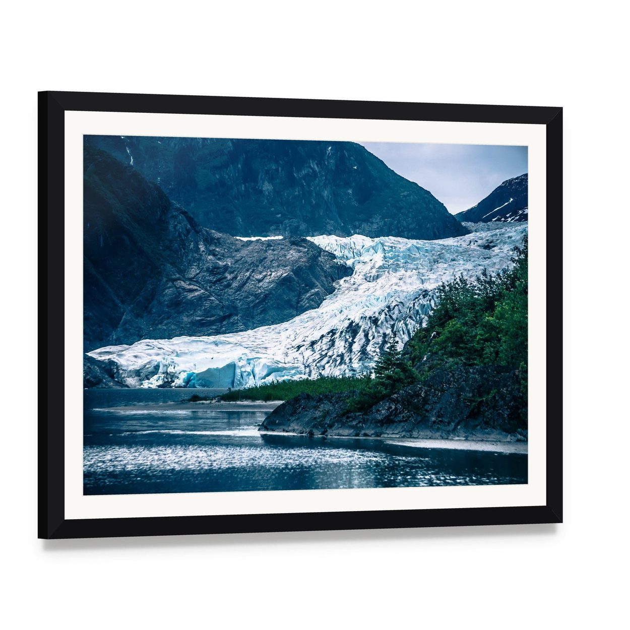 Mendenhall Glacier, Alaska Canvas Wall Art, framed print with white mat and black frame, angled product view