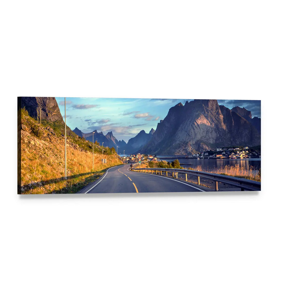 Norway Coastal Road at Golden Hour Panoramic Canvas Wall Art, single panel gallery wrapped canvas, angled product view