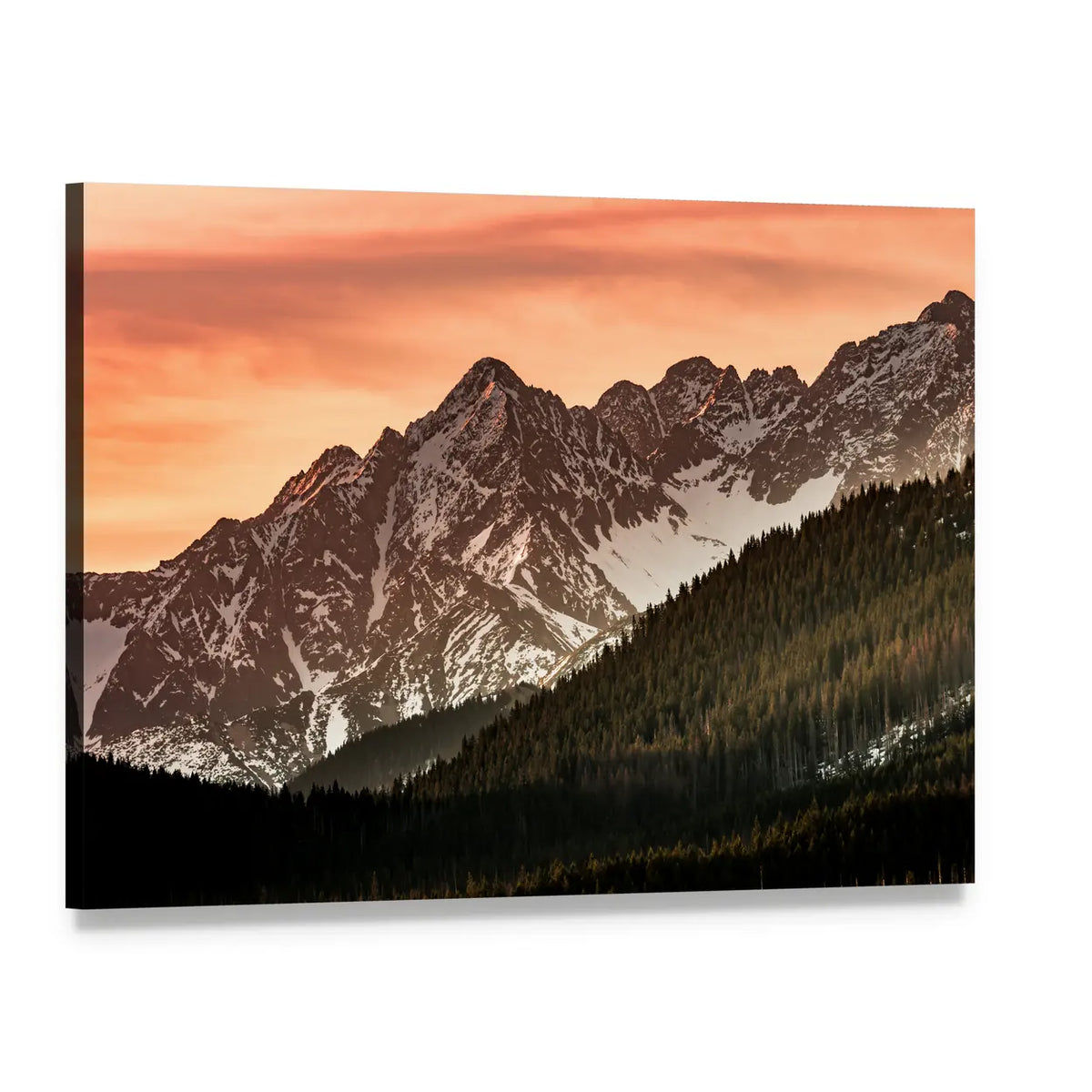 Tatra Mountains Sunset Over Snowy Peaks Canvas Wall Art, single panel gallery wrapped canvas, angled product view